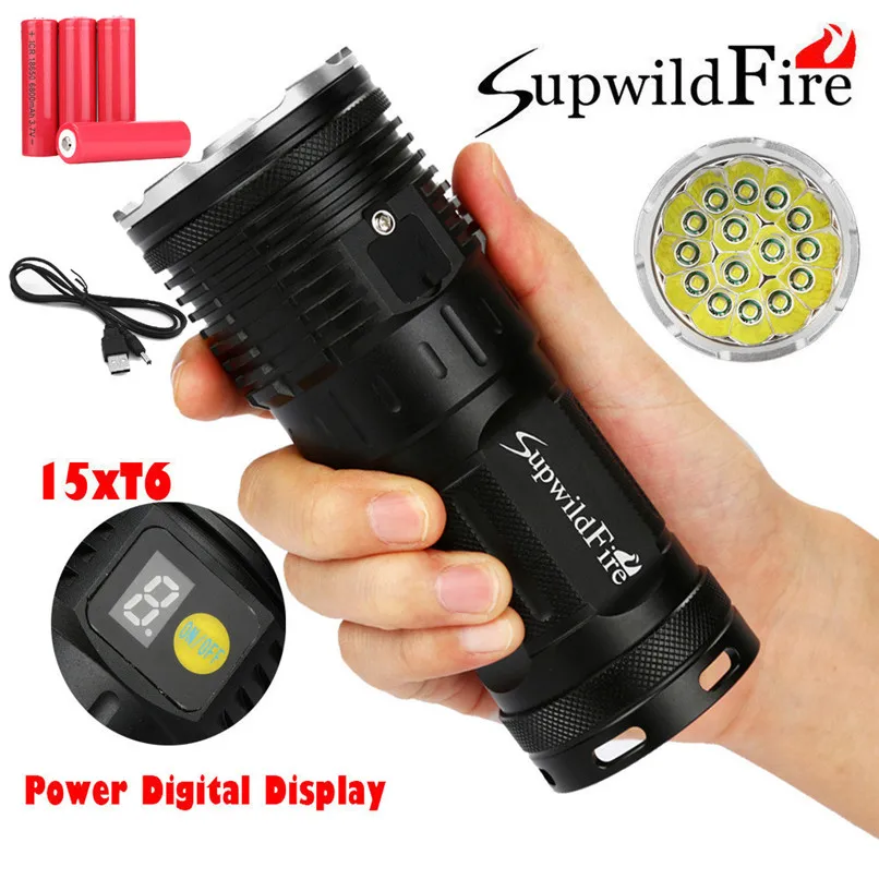

3Modes 50000LM 15xT6 LED Torch Flashlight Rechargeable USB Power Digital Display 18650 Flashlight Bicycle Light #F40OT16