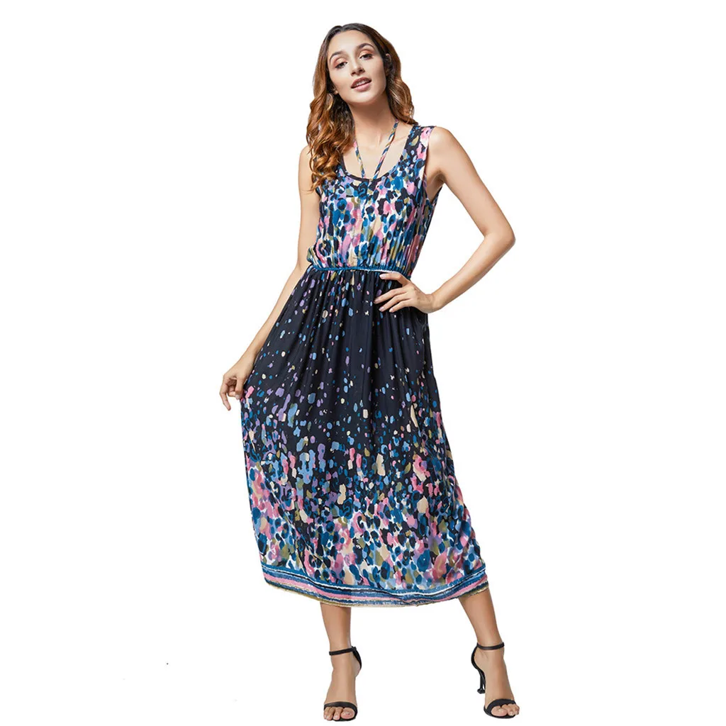 

2019 Summer Women Beach Dress Sundress Polyester Bohemian Navy Print O-Neck Sleeveless Mid-Calf A-Line Wear Both Dress L624