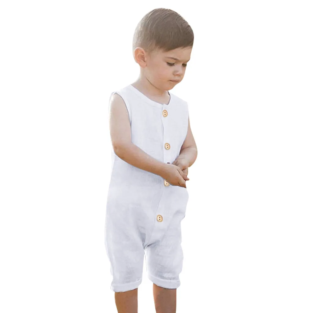 Летний костюм для малышей; для маленьких мальчиков и девочек, хлопковая одежда без рукавов Комбинезоны Детская одежда оборками Прочный Комбинезон Комбинезоны# SS