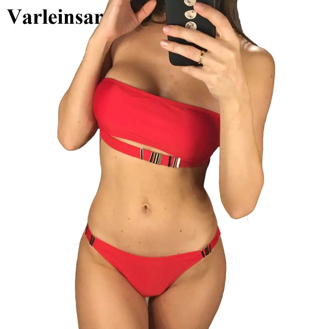 

Red Black White Sexy Bandeau Bikini 2019 Female Swimsuit Women Swimwear Two-pieces Bikini set Bather Bathing Suit Swim Lady V847