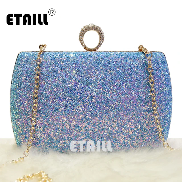 Etaill New Women Las Blue Glitter Sequins Handbag Sparkling Party Etaill New Women Las Blue Glitter Sequins Handbag Sparkling Party Finger Ring Evening Envelope Clutch Bag