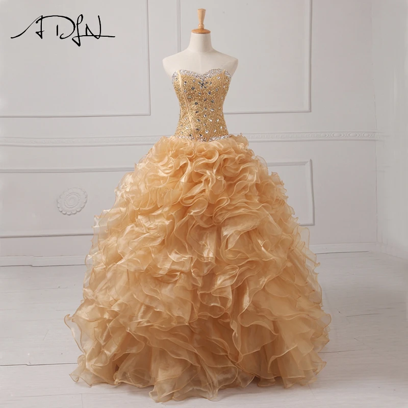 ADLN Real Photo Gold Quinceanera Dresses Organza Sweetheart Sleeveless Beaded Ruffles Masquerade 
