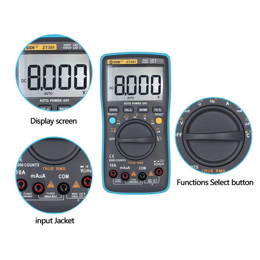 BSIDE ZT301 цифровой True RMS Автоматический диапазон 8000 отсчетов мультиметр AC DC Ток Сопротивление напряжения Емкость Частотомер