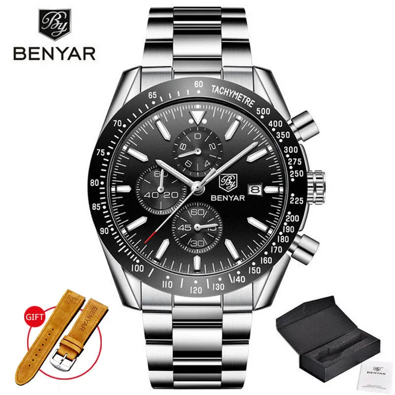 Мужские наручные часы s BENYAR, кварцевые часы с хронографом, Relogio Masculino, новинка, Топ бренд, Роскошные военные часы с силиконовым ремешком - Цвет: Silver Black S