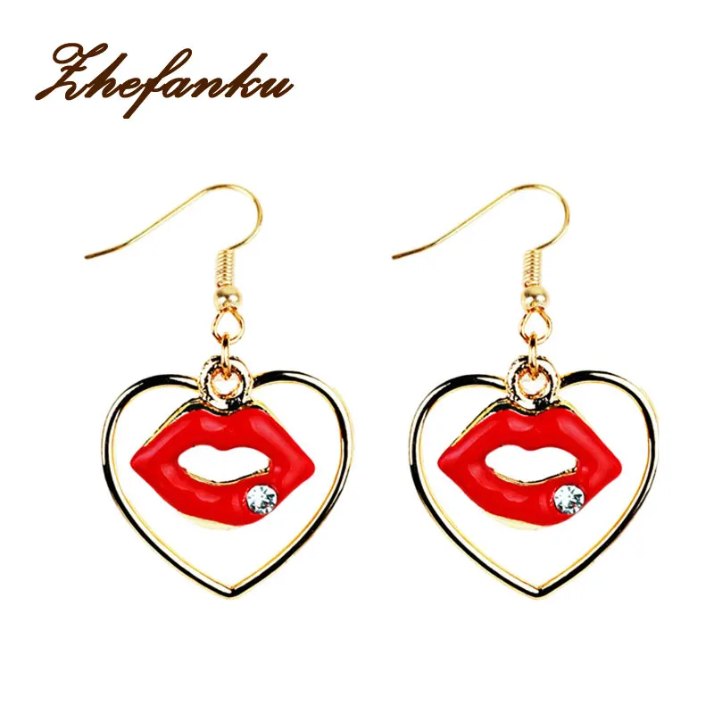 

Elegant Red Lip Dangle Earrings Sweet Gold Color Heart Crystal Mosaic Earing Fashion Jewelry Big Earrings For Women