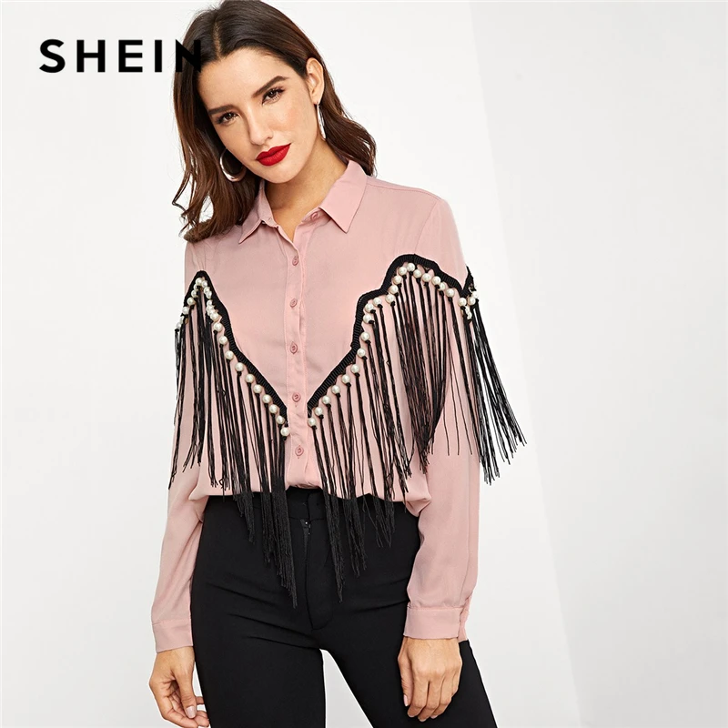 SHEIN Pink Contrast Fringe Embellished Curved Hem Blouse Elegant Pearls Button Beaded Blouses Women Autumn Workwear Shirt Tops SHEIN Pink Contrast Fringe Embellished Curved Hem Blouse Elegant Pearls Button Beaded Blouses Women Autumn Workwear Shirt Tops