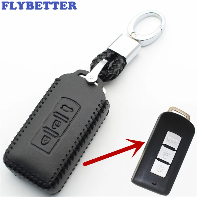 

FLYBETTER Genuine Leather Keychain 3Button Smart Key Case Cover For Mitsubishi Outlander/Lancer/Pajero/ASX Car Styling L246