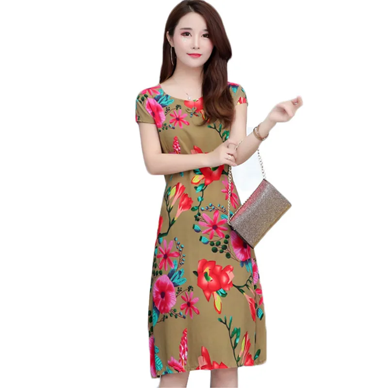 

Middle-aged Plus Size Dress Women Summer Short-sleeved Milk Silk Print Floral Printed elegant Dresses Lady New Slim Clothes 6XL