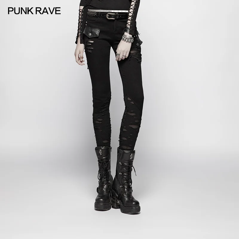 

PUNK RAVE Women's Punk Stitching Personality Broken Hole Jeans Black Trousers Distressed Slashed Gothic Women Pants Streetwear