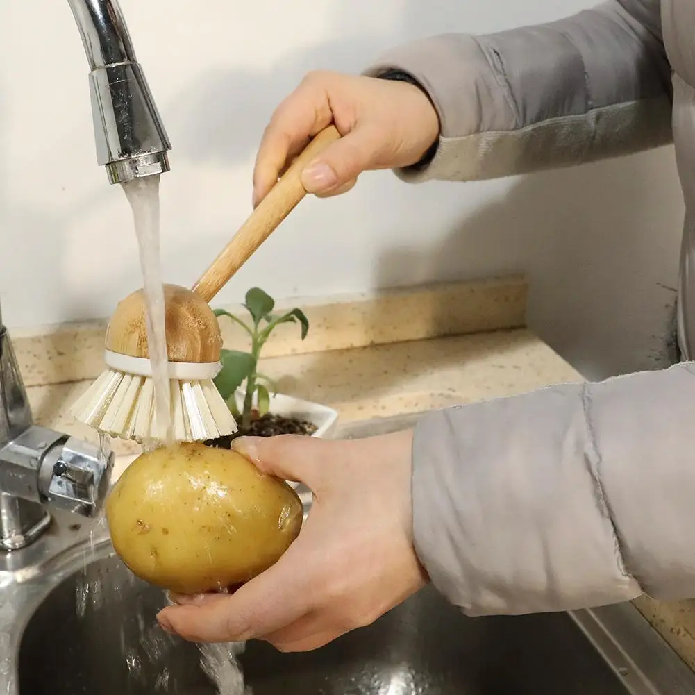 Pot Dish Bowl Brush Cooking Washing Cleaning Brush With Wooden Bamboo Long Handle Cleaning Tool Kitchen Pot Hanging Brush