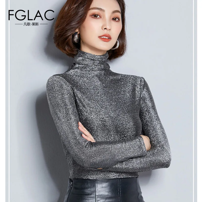 FGLAC Women t-shirts New Arrivals 2018 Autumn long sleeve Turtleneck Mesh tops Elegant Slim Solid color plus size women shirt