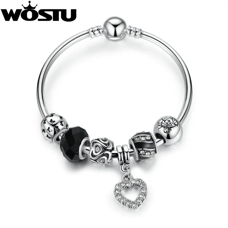 WOSTU Brand 925 Silver Beads Charm Bangle For Women Girl Original DIY Bracelet European Jewelry Gift
