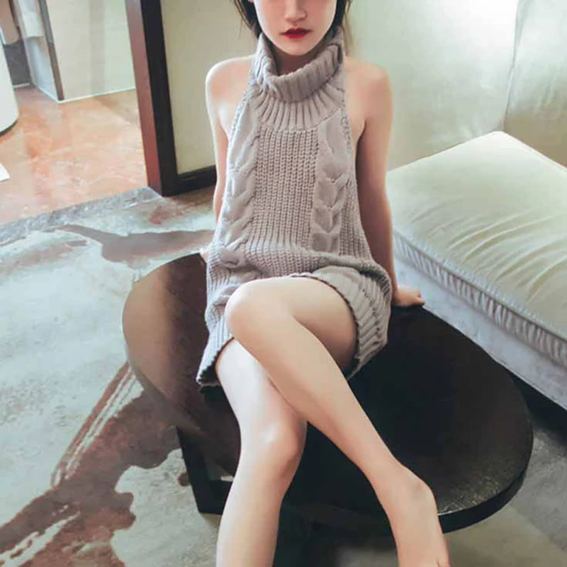 

Turtleneck Sleeveless Long Virgin Killer Sweater Japanes Knitted Sexy backless Women Sweaters And Pullovers