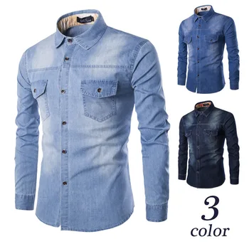 

HO new 2020 men's denim shirt bosom double long sleeve shirt pocket cultivate one's morality