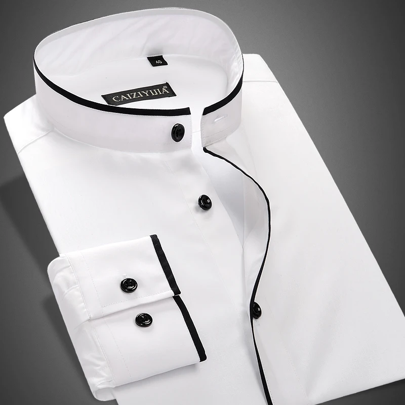 CAIZIYIJIA Summer 2017 Men s Banded Collar Shirt Long Sleeve 100 Cotton Slim Fit Solid Color