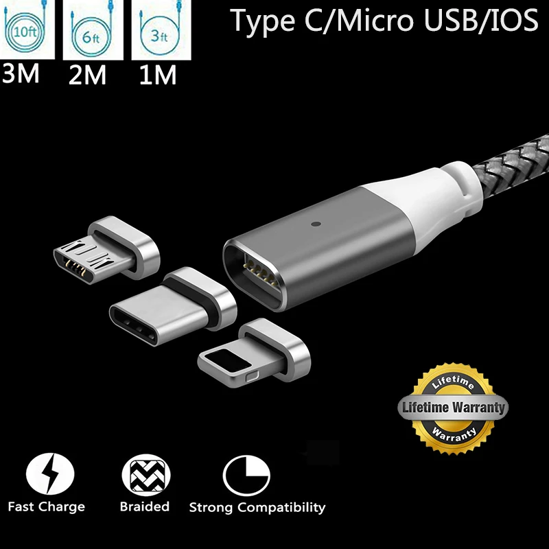 1/2/3 м Тип usb C/Micro USB/IOS Магнитный кабель USB-C Тип-C быстрая Зарядное устройство адаптер Магнит кабель для samsung Apple iPhone iPad