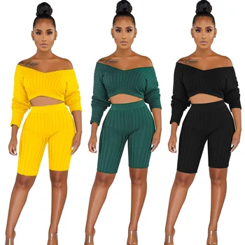 

Autumn 2 Two Piece Set Women Ribbed O Neck Crop Top and Shorts Pants Set Sexy Long Sleeve Tracksuit Women Conjunto Feminino 2019