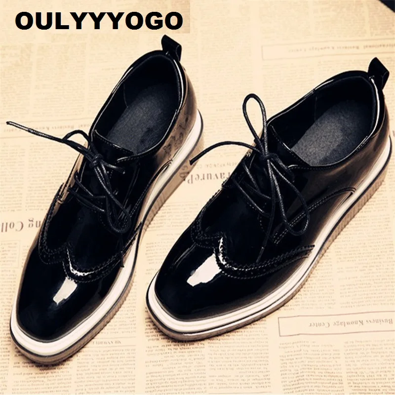 

Autumn & Spring Women's Shoes Brogue Shoes Female Oxfords British Style Flat Heels Patent Leather Square Toe