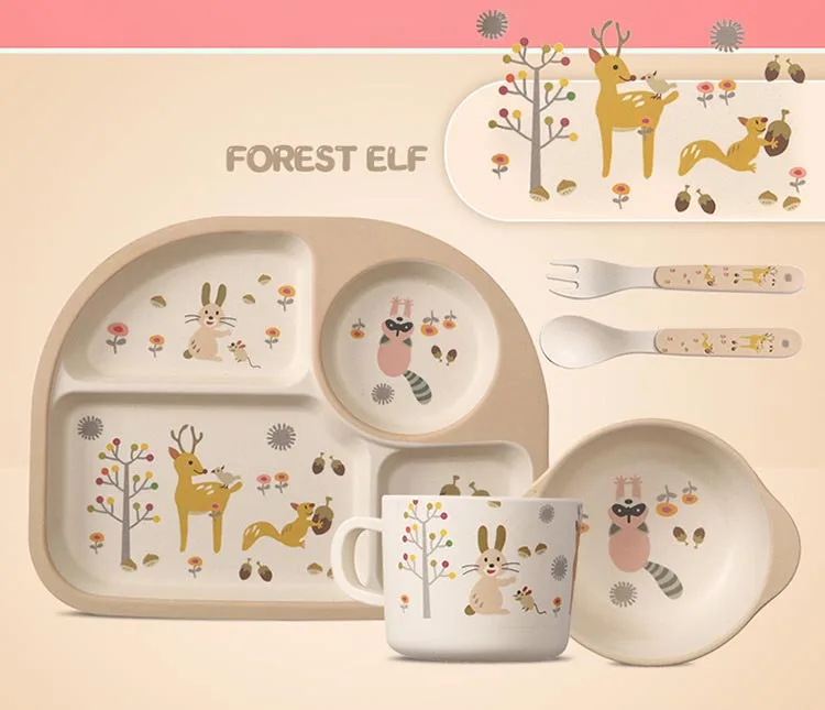 Ensemble Set De Table 5 Pieces Fibre De Bambou Bebe Enfant Vaisselle Assiette Ebay
