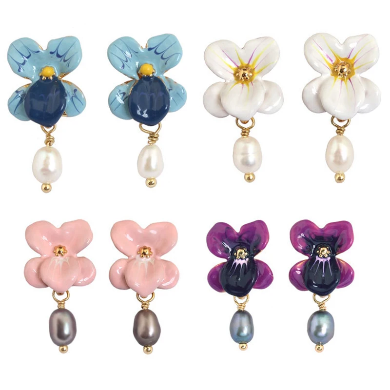 

New Arrivals Enamel 4 Color Flower Lily Valley Natural Pearl Woman 925 Silver Needle Prevent Allergy European Fashion Jewelry