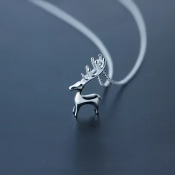 

100% S925 Sterling Silver Christmas Reindeer Charm Necklace Chain Statement Cute Animal Necklaces & Pendants Gift Special Shape