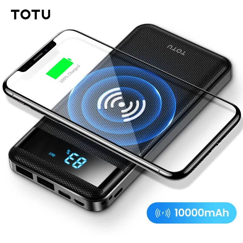 TOTU 10000mAh QI Wireless Charger Dual USB Power Bank For iPhone Xs Max X 8 LED Display External Battery Powerbank For Samsung