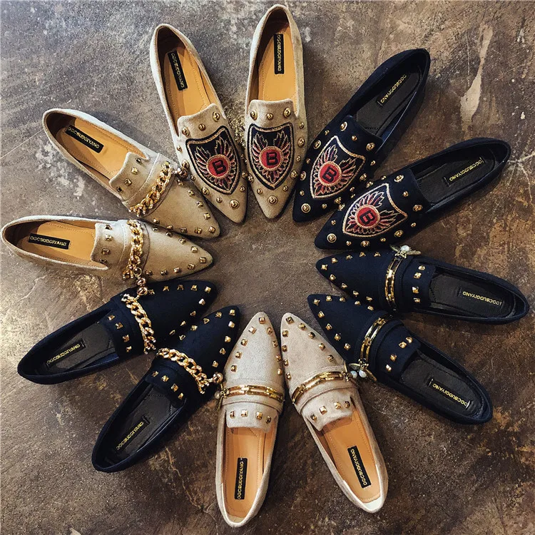 

women flats cool gold rivet women shoes soft flock loafers shoes woman spring autumn fashion casual round toe flats shoes women