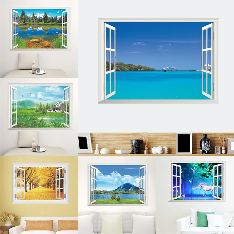 

3D View Window PVC Wall Stickers Home Decor Living Room Bedroom Decoration Landscape Mural Art Wall Sticker adesivo de parede