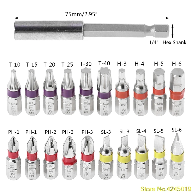 Высокое качество 20 шт. Torx плоская Шестигранная Отвертка Набор бит PH головка цвет кодовый с магнитным держателем