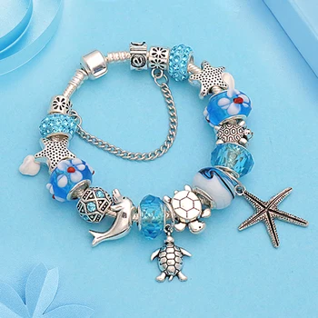 

New Design Blue Crystal Charm Bracelet Vintage Tibetan Silver Starfish Dolhin Bead Bracelet Bangle Casual Diy Jewelry Making