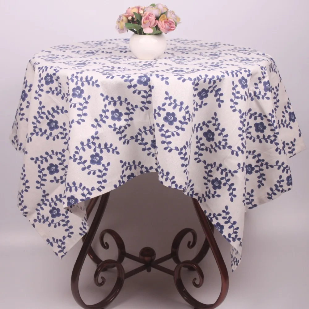 Traditional Blue and White China Flower Linen Cotton Rectangular