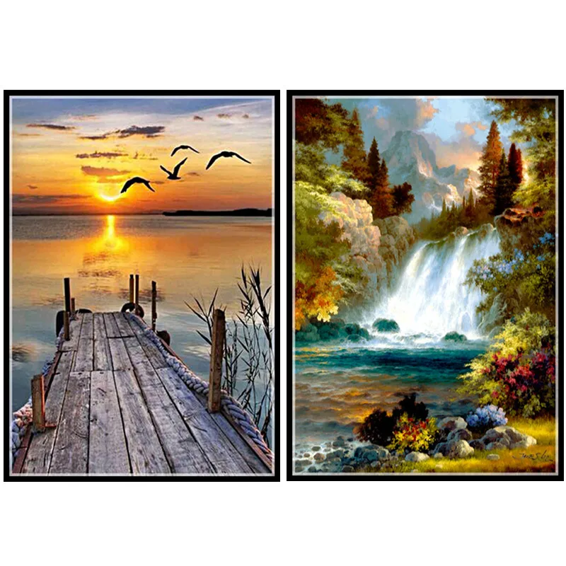 

5D DIY Embroidery Lake Water Seagull Inlay Sun Diamond Embroidery Round Mosaic Decorative Natural Landscape