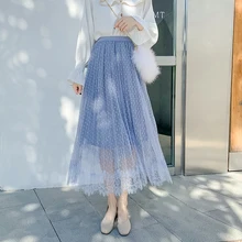 Весна новое поступление в горошек кружевное комбинированное фатиновое Юбки Длинные Элегантная складчатая юбка 4 вида цветов