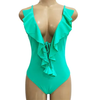 

Blue Flounce Swimwear Women One Piece Swimsuit Deep V One-piece Suits Lotus Bandage Strapless Swim Suit Solid Trikini 2019 New