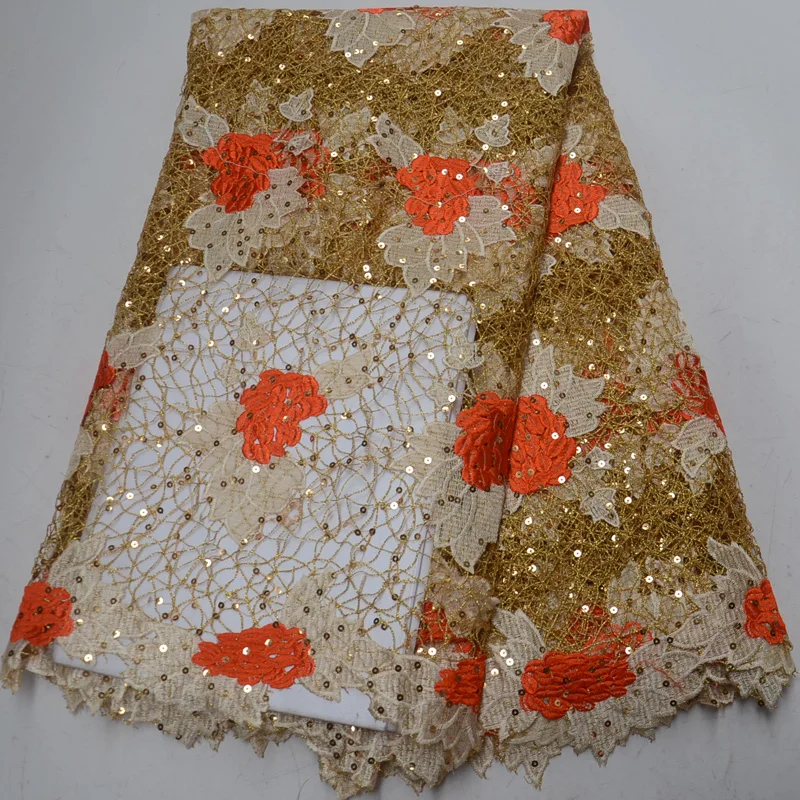 

Free shipping (5yards/pc) high quality African cord lace fabric fashion guipure lace fabric with sequins for party dress WLP972