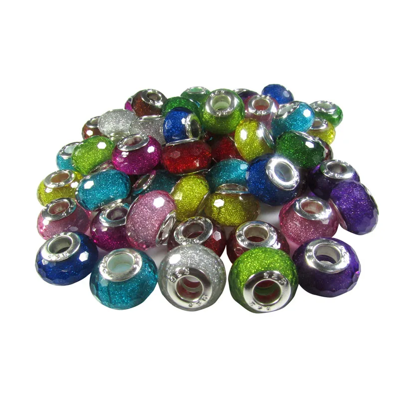 Hot Sell 30pcs/lot Gold Dust Core Murano Acrylic Lampwork Faceted Vivid Big Hole Charm Beads for European Charm Bracelet - Цвет: Mix Color