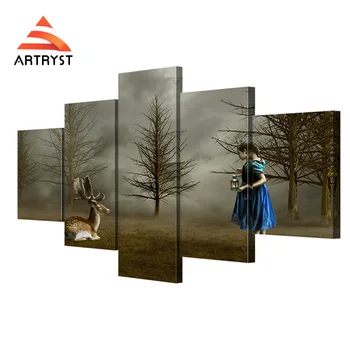 

5 bread modular deer and little girl picture HD print on canvas retro home cuadros decorative wall art canvas painting YS3189
