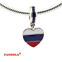 Подходит для браслетов Pandora талисманы с флагом России в форме сердца, бусины с белой и красной эмалью, серебро 925 пробы, ювелирные изделия