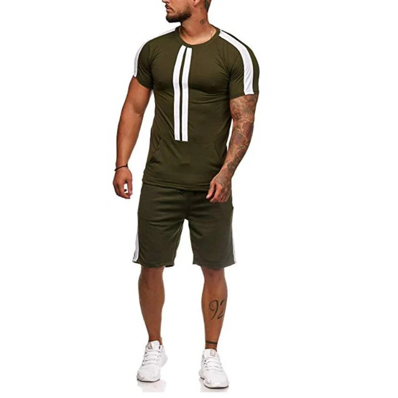 Summer Men's Sets T Shirts+Shorts Two Pieces Sets Casual Striped patchwork Tracksuit 2019 Plus size Gyms Fitness Sportwear set