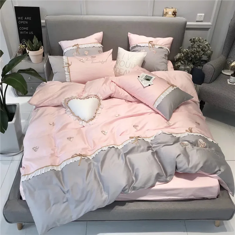 cheap Grey Pink Sweet princess Love embroidery Egyptian cotton Bedding Set Duvet Cover Bed sheet Pillowcases King Queen Size 4 7pcs