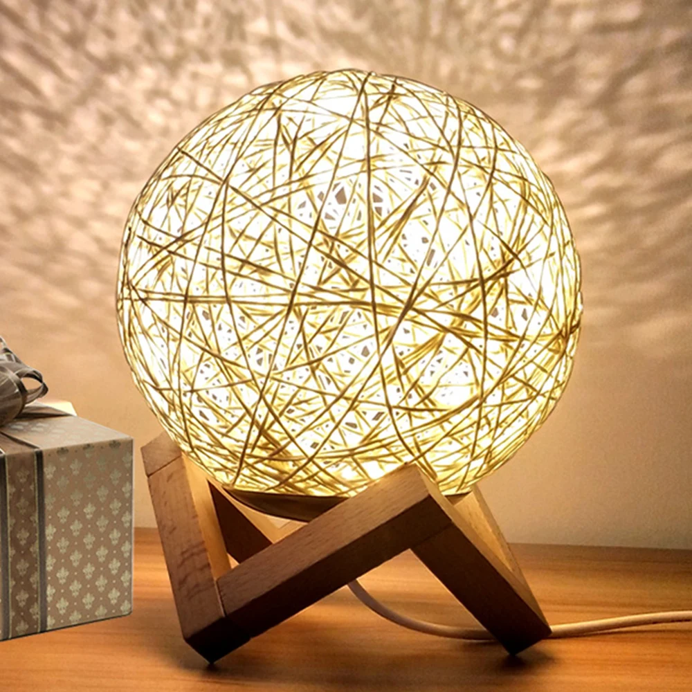 Desk Accent Table Lamp, Rattan Ball LED Nightstand, Creative Bedside Bedroom Night Desk Light with Wooden Base Home Decor Desk Accent Table Lamp, Rattan Ball LED Nightstand, Creative Bedside Bedroom Night Desk Light with Wooden Base Home Decor
