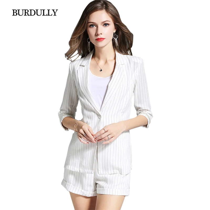 BURDULLY Summer Striped Suit Shorts Women's Suits Sets For Work Cotton