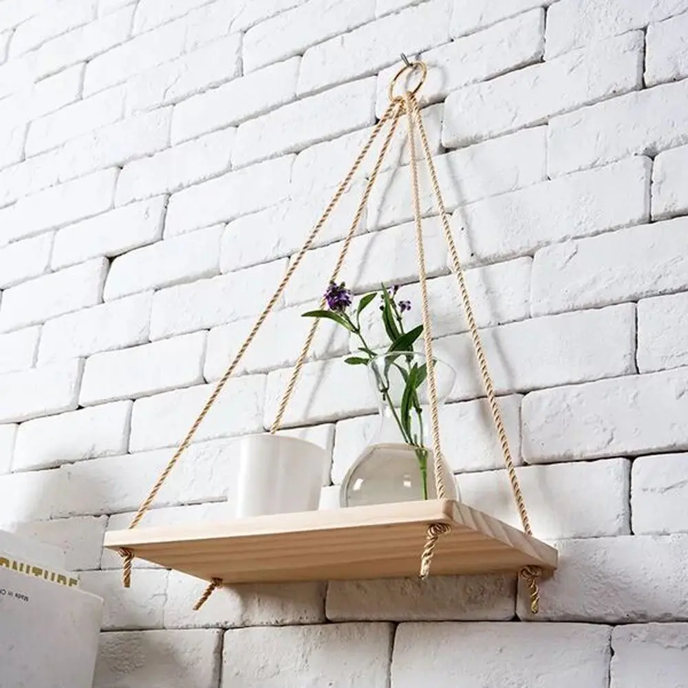 

Rustic Hanging Rope Wooden Shelves Holder Floating Shelf Storage Rack for Office Living Room Bedroom Home Decor