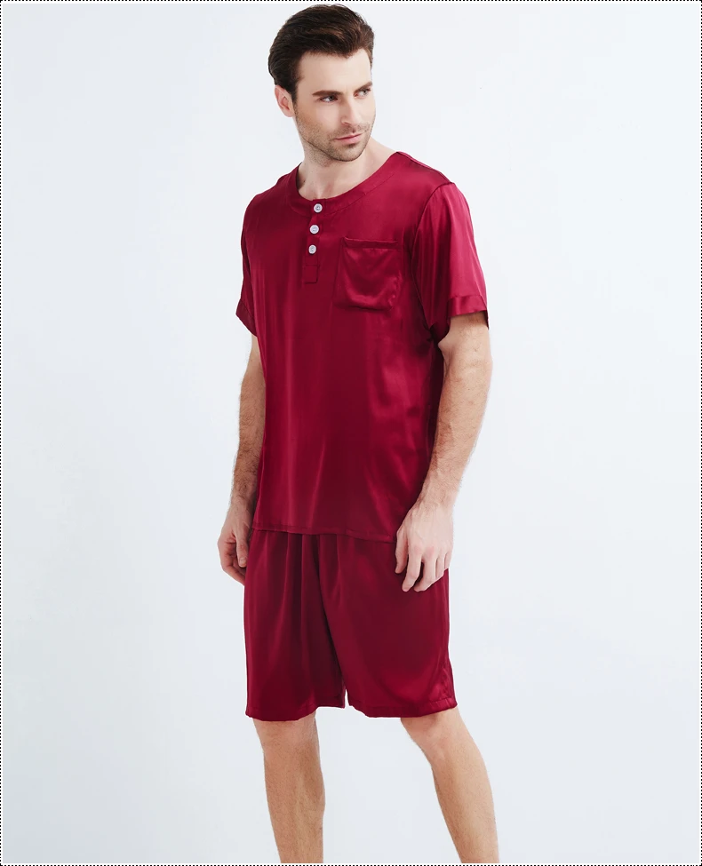 Мужские брендовые тяжелый шелк пижамы набор летней Для мужчин пикантные пижамы 100% шелк мужской пижамы с короткими рукавами, шорты набор