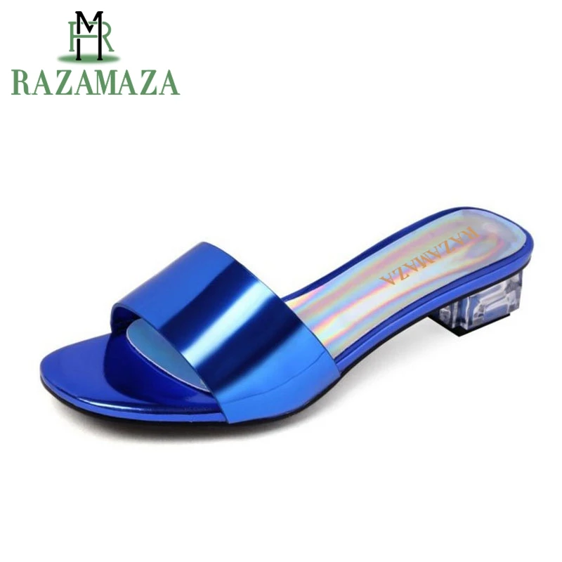 

ZALAVOR Women Sandals Thick Heel Open Toe Shine Women Sandals Elegant Mature Slippers Vacation Footwear Size 33-42