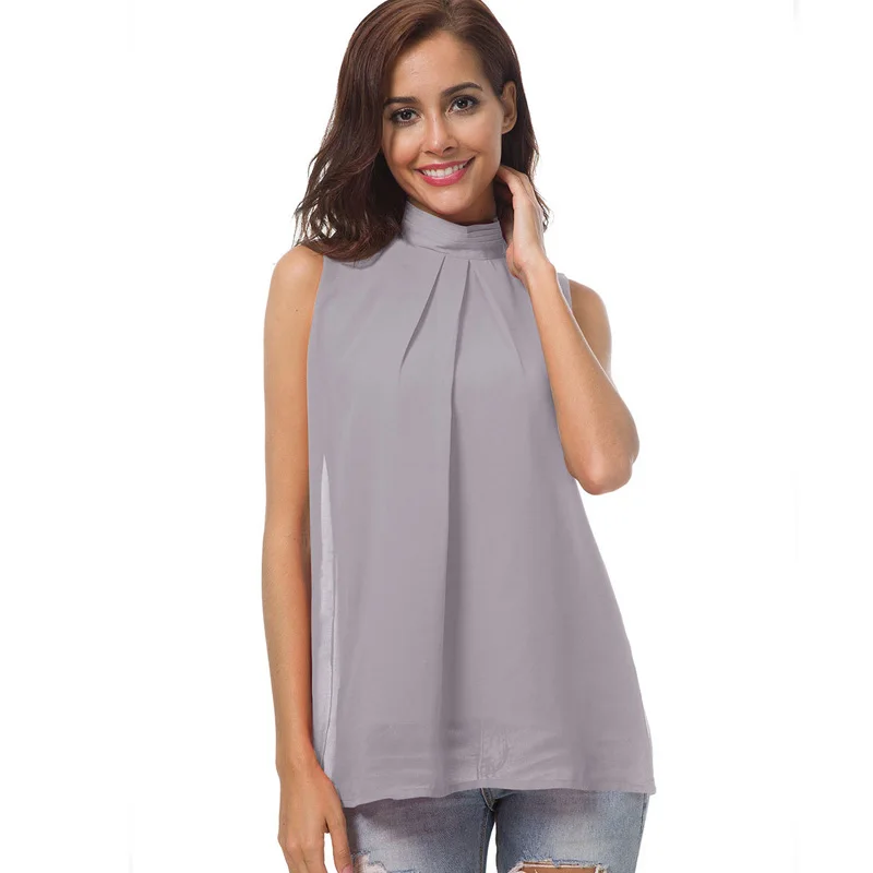 Fashion Women Chiffon Gray Red Blouses Summer New Korean Fashion Sleeveless Women Turtleneck Top Sleeveless Shirt Casual Tops