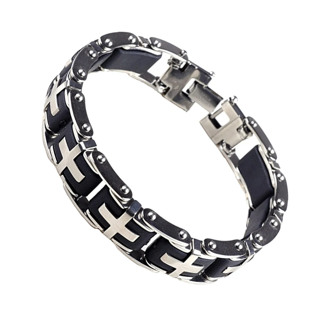 Men Silver Tone Stainless Steel Black Rubber Bracelet Bangle Link Wrist