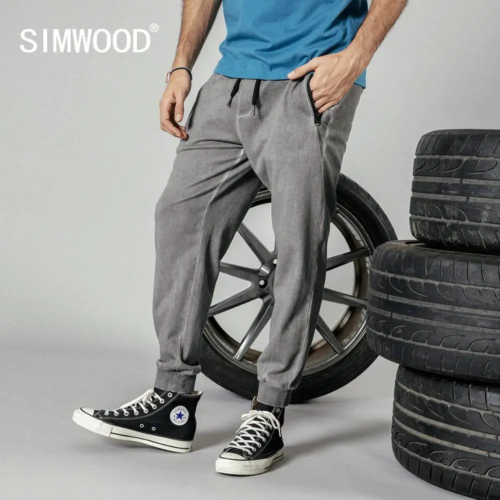 

SIMWOOD 2019 jogger pants men dark washed retro sweatpants drawstring zipper pockets vintage ankle-length track trousers 190277