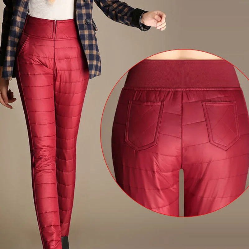 Зимняя верхняя одежда с высокой талией, Красивые Пуховые брюки, обтягивающие женские модные облегающие теплые плотные женские брюки - Цвет: Burgundy