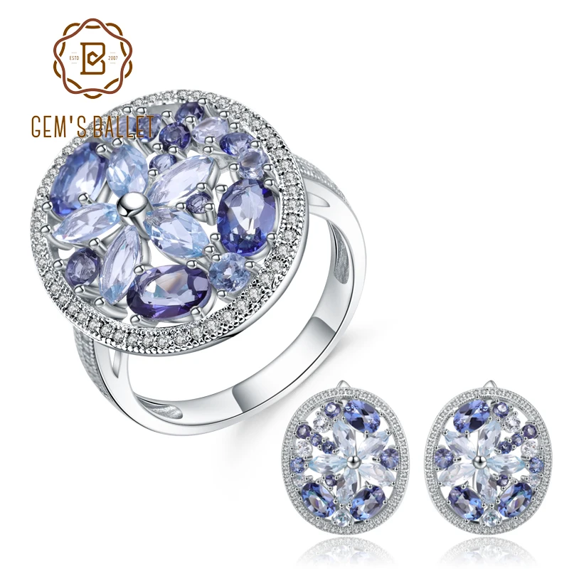 

GEM'S BALLET Natural Sky Blue Topaz Mystic Quartz Ring Earrings 925 Sterling Silver Gemstone Vintage Jewelry Set For Women